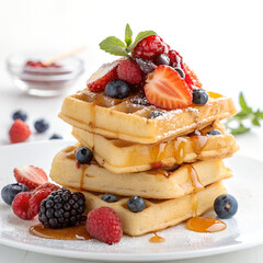 Delicious stacked waffles loaded with fresh berries and drizzled with syrup