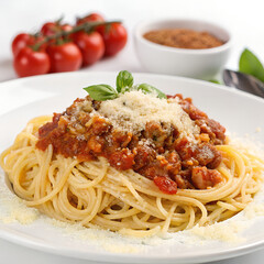 Savory spaghetti bolognese with rich meat sauce and fresh basil topping