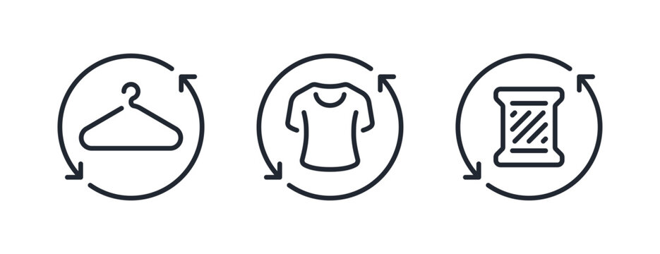 Fabric and clothes recycle editable stroke outline icons set isolated on white background flat vector illustration. Pixel perfect. 64 x 64.