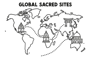 Obraz premium Children's Landmark Map. Global sacred sites children?s coloring book illustration, outlined drawing, a simple world map with tiny landmark icons like a