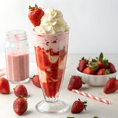 Indulgent strawberry milkshake with whipped cream and fresh berries delight