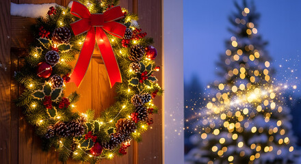Outdoor Christmas wreaths with lights and tree. "Sparkling Christmas Wreath Rectangle Illumination with Snowflakes. 