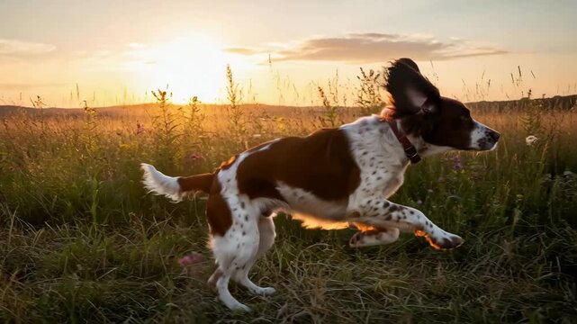 Brittany spaniel dog running and jumping through a golden grass field during sunset, hunting season footage
