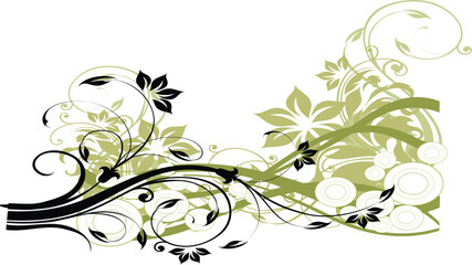 Elegant swirling green floral design with black accents and delicate leaves