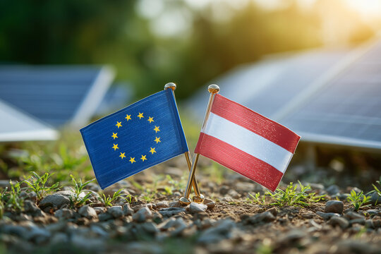 EU and Austria flags stand together on a green field near solar panels, symbolizing cooperation in renewable energy and European unity for a sustainable future