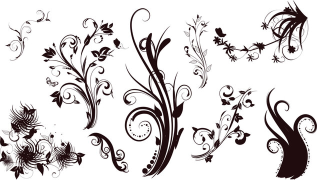 Collection of dark floral swirls and ornate flourishes on a white background