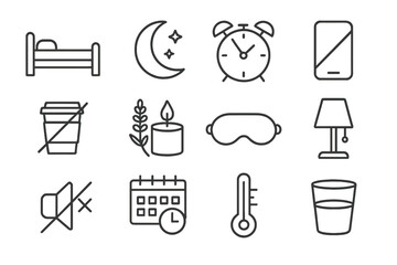Fototapeta premium Sleep Hygiene Icons. Sleep Hygiene. Line icon set of Sleep Hygiene: bed, moon, alarm clock, phone off, no caffeine, lavender candle, sleep mask, dim light,