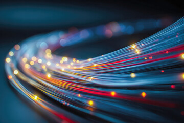 Fototapeta premium Dynamic curved fiber optic cables illuminated with multicolored glowing light dots creating a futuristic and high-tech communication network concept background