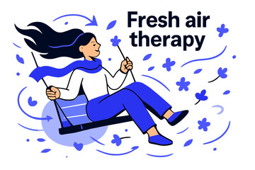 Windy Spring Motion. Windy spring day. Scarf and hair dancing in the breeze, petals swirling; porch swing arcs mid-motion. ?Fresh air therapy? floating text.