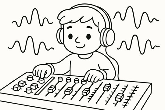 Sound Mixing Fun. Sound mixing children?s coloring book illustration, outlined drawing, a music producer adjusting knobs and sliders on an audio mixer with