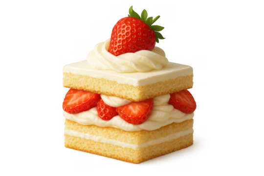 Fresh strawberry shortcake with whipped cream layers, a delicious sweet dessert food on transparent background