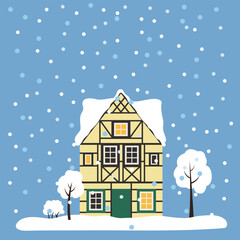 Fototapeta premium Cozy European house and trees covered with snow for New Year and Christmas. A German building Isolated vector illustration.