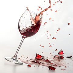 Dramatic red wine splash from shattering glass, liquid drops fly