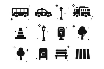 Naklejka premium LEGO City Icons. LEGO City Elements. Solid icons set of LEGO City Elements: bus, police car, fire truck, taxi, construction cone, lamppost, stoplight, tree,