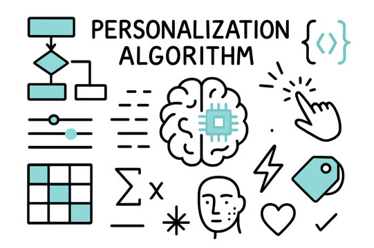 Personalization Algorithm Doodle. // Personalization algorithm. Hand-drawn doodle illustration Personalization algorithm [flowchart (accented), code brackets