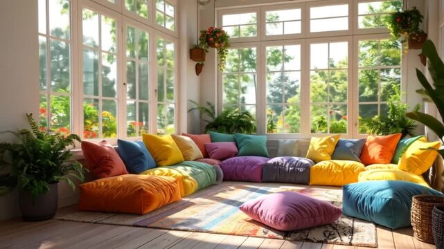 A sunlit, airy room featuring a modular sofa of colorful cushions, with large windows overlooking greenery