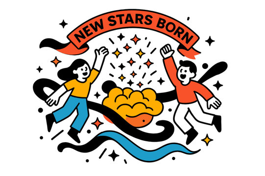 Cosmic Star Celebration. Cosmic Birth Announcement. Tiny star icons pop like confetti from a glowing cradle of gas; a banner reads ?New Stars Born.? Dust lanes