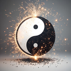 Dynamic Yin Yang symbol bursts with vibrant energy and sparkling light