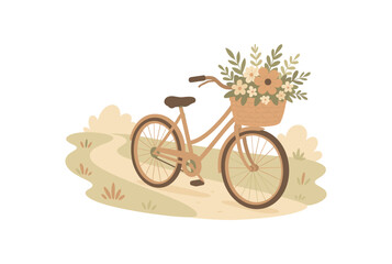Fototapeta premium old bicycle with basket flowers parked near path calm trip no outline flat vector illustration style isolated on white background light natural tones