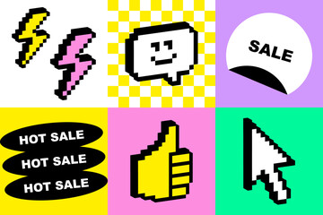 Y2k sale offer seamless pattern. Mosaic grid bg with promotion hot sale icons of lighting flash, smiling face. Nostalgic retro digital background in bright yellow, pink, green, purple, black colours