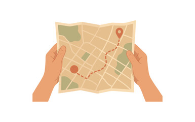 hands holding paper map slow exploration without hurry no outline flat vector illustration style isolated on white background soft earth palette