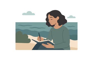 person journaling near ocean mindful reflection and creative calm no outline flat vector illustration style isolated on white background muted cool palette