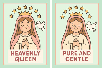 Obraz premium Heavenly Queen Banners. Queen of Heaven. Two vertical A6 banners with safe margins, centered composition, no elements touching edges, cartoon, pastel mint and