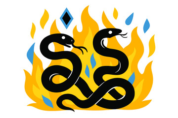 Serpents in Fire. Writhing Serpents in Fire. Serpents entwined in fire with glowing eyes and floating abstract geometric flames, intense and mystical scene.