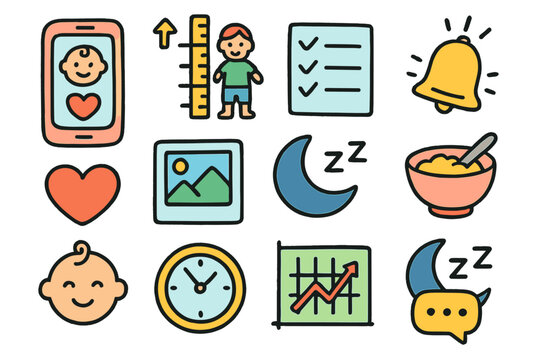 Colorful Parenting App Icons. Parenting apps. Colorful Hand-drawn doodle Children illustration Parenting apps smartphone, growth chart, checklist, reminder