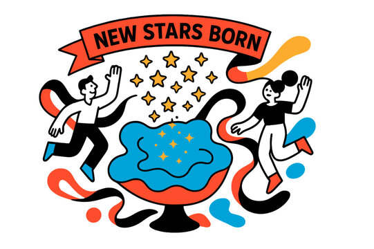 Cosmic Birth Celebration. Cosmic Birth Announcement. Tiny star icons pop like confetti from a glowing cradle of gas; a banner reads ?New Stars Born.? Dust