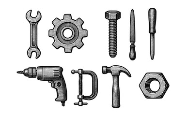 Fototapeta premium Vintage tool collection in detailed black and white engraving style