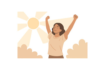 stretching arms under sunlight feeling energy and calm awakening no outline flat vector illustration style isolated on white background soft neutral hues