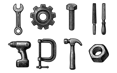 Fototapeta premium Vintage engraved toolkit: hammer, wrench, and more essential tools