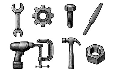 Fototapeta premium Retro style engraved hand tools collection: hammer, drill, wrench, and more