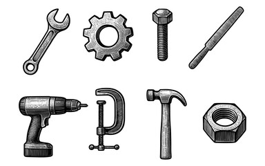 Fototapeta premium Vintage toolbox set with hand drawn tools featuring hammer, wrench, and drill