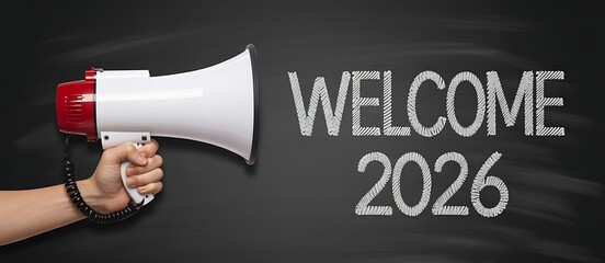 Hand holding white red megaphone announces welcome 2026 chalk text on black chalkboard announcing