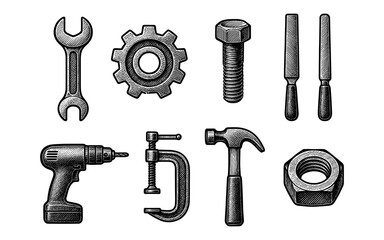 Obraz premium Intricate vintage tool collection with engraving style for diy projects