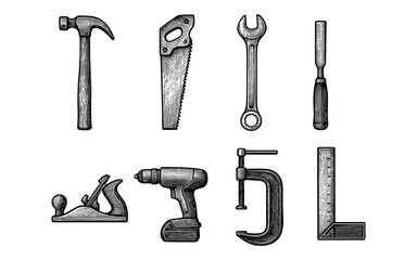 Fototapeta premium Vintage woodworking tools set in retro engraving style for diy and craft projects