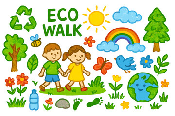 Fototapeta premium Eco Walk Adventure. Eco walk. Colorful Hand-drawn doodle Children illustration Eco walk recycle sign, leaves, trees, sun, clouds, flowers, birds, earth globe,