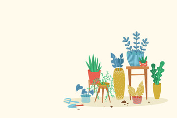 Cozy home garden with indoor plants and gardening tools vector illustration, modern houseplant decor art