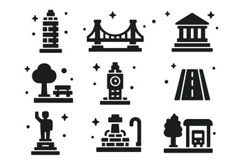 Obraz premium Mini LEGO Icons. Miniature LEGO Architecture. Solid icons set of Miniature LEGO Architecture: skyscraper, bridge, museum, park, clock tower, road, statue,