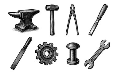 Fototapeta premium Detailed vintage tool set illustration featuring anvil, hammer, pliers, and more