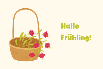 Hello spring german greeting with basket of flowers vector illustration, cute floral spring design with text