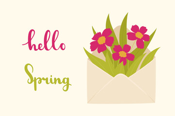 Hello spring floral envelope illustration with pink flowers and green leaves, cute seasonal greeting vector design