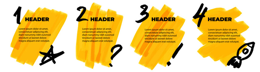 4 steps infographic with hand drawn text boxes. Empty design template. Spots drawn with a marker or felt-tip pen. Design element for presentation with copy space. Question and exclamation mark