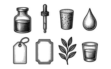 Fototapeta premium Vintage engraving set: bottles, labels, and plants in monochrome design