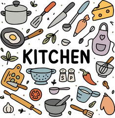 Colorful kitchen tools and utensils arranged in fun hand drawn style, perfect for recipe blog, cooking website
