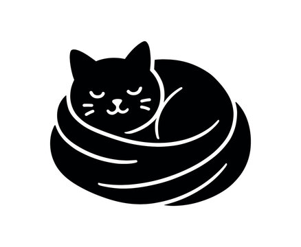 cat curled blanket flat black solid vector illustration isolated on white background