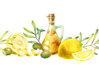 Watercolor seamless border of lemons and green olive oil and branches isolated on a white background.