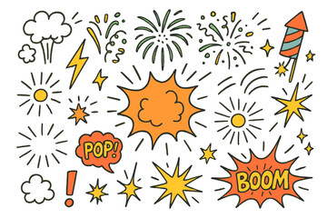 Colorful Comic Explosion. Comic burst. Hand-drawn doodle illustration explosion (colored), fireworks (colored), starburst (colored), confetti (colored),